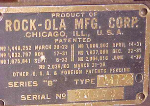 The Rock-Ola Imperial Jukebox, Manufacturer's plate