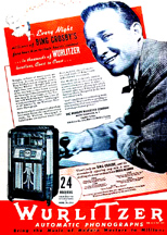 Ad featuring Bing Crosby and a Wurlitzer Model 24 Jukebox