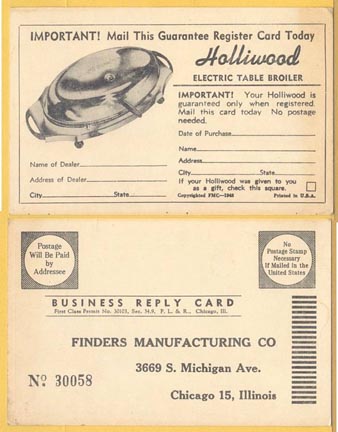 Holliwood Broiler - Warranty Card