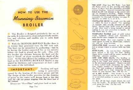Manning-Bowman Smokeless Table Broiler - Parts description