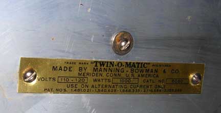 Twin-O-Matic Manufacturer's Plate